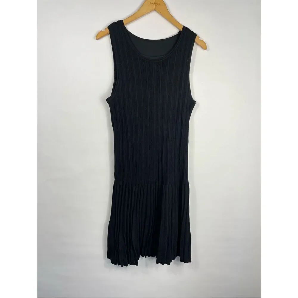 Ann Taylor Pointelle Flounce Black Sweater Dress Medium